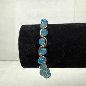 Artisan Wire Wrapped Blue Teal Gemstone Copper Bracelet Handcrafted Unique Gift